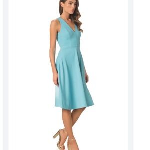 Dress The Population Womens Catalina Turquoise V-Neck Fit and Flare Midi Dress M